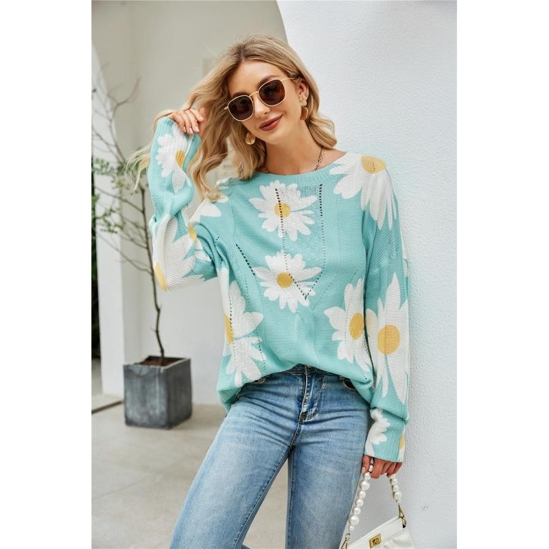 Floral Knitted Sweater|BABY BLUE|Pink|S|L|XL