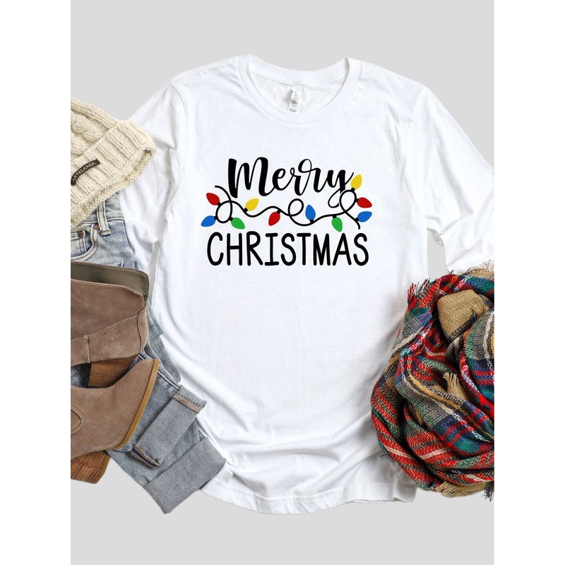 Ho Ho Ho Christmas Lights Crew Neck LS Tee