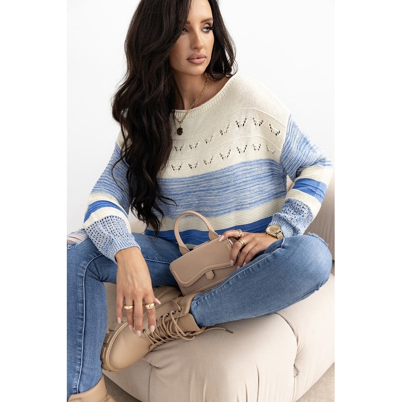 Light Blue Open Stitch Puff Sleeve Sweater
