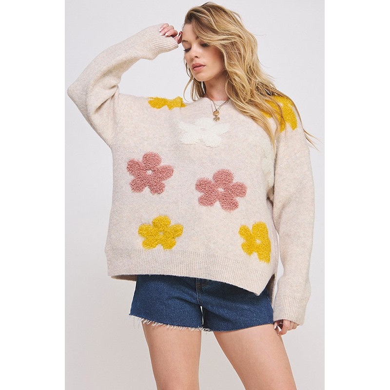 OVERSIZED LONG SLEEVE FLORAL GRAPHIC KNIT SWEATER