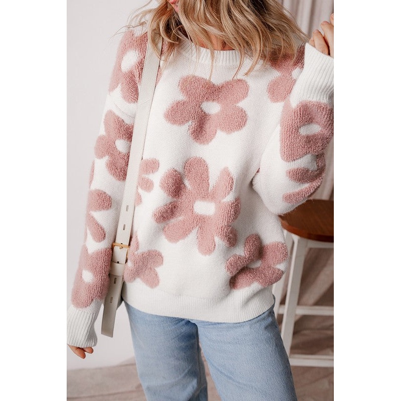 Vintage Flower Drop Shoulder Loose Sweater