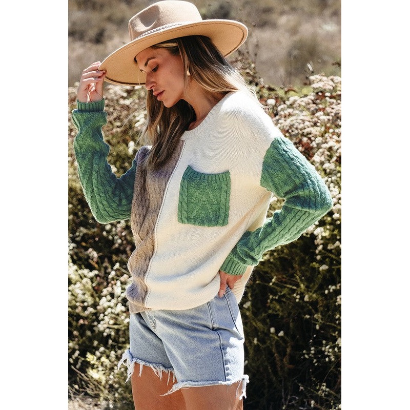 Women Colorblock Patched Pocket Shoulder Sweater