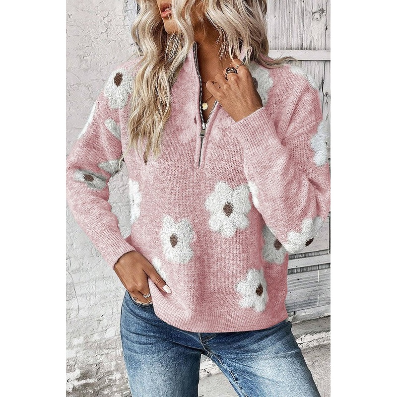 Women Floral Pattern Zip Drop Shoulder Sweater