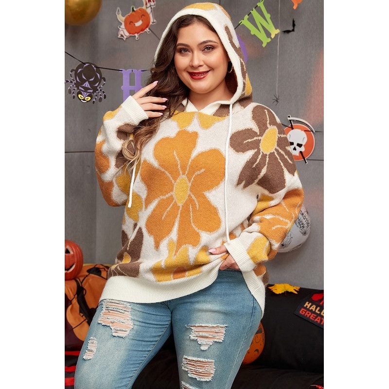 Women Knitted Drawstring Hooded Plus Size Sweater