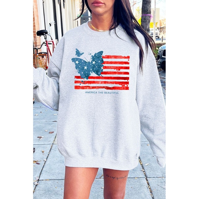 Butterfly USA Flag Graphic Fleece Sweatshirts