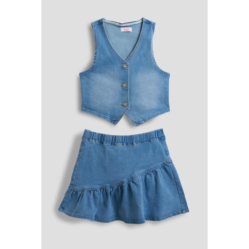 Girls Denim Vest & Ruffle Skirt Set