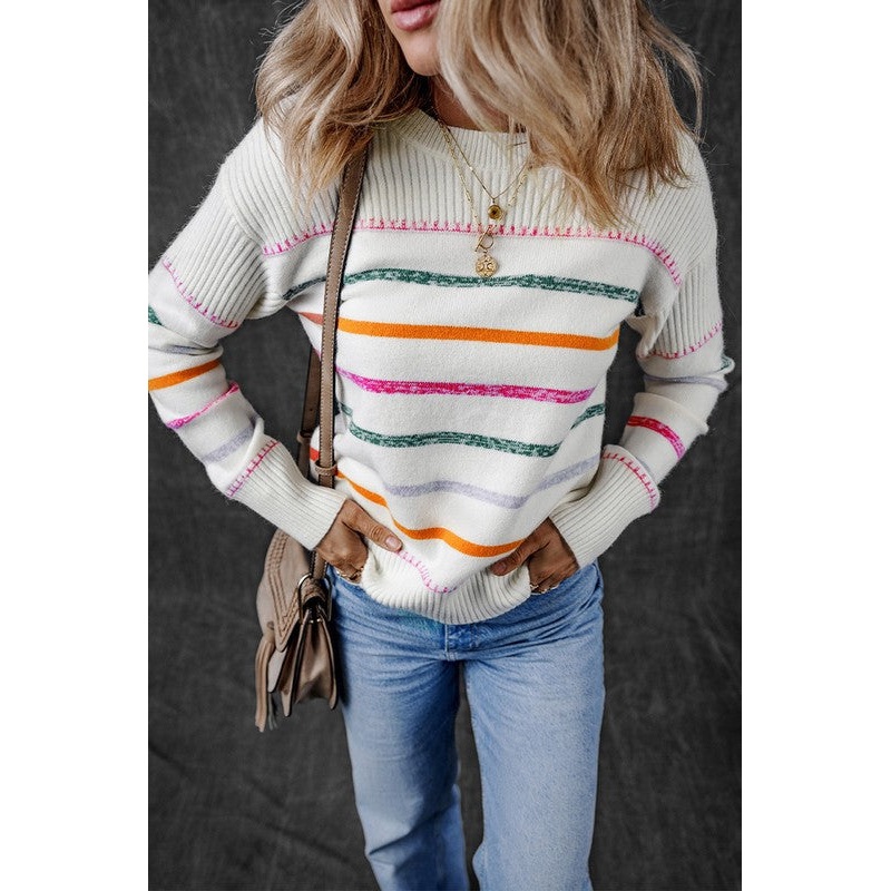 White Colorful Striped Ribbed Trim Sweater