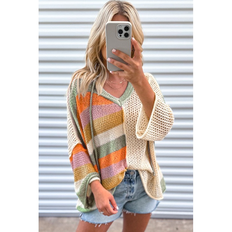 Women Oversized Colorblock V Neck Hooded Sweater