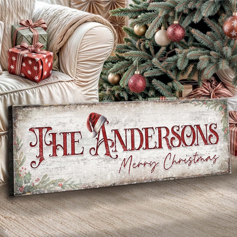 Christmas Family Name Sign II|12×36 inch Medium Premium Gallery Wrapped|16×48 inch Large Premium Gallery Wrapped|20×60 inch Extra Large Premium Gallery Wrapped