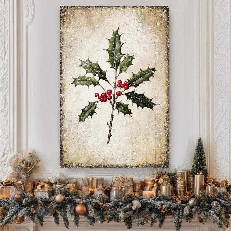 Christmas Holly Wall Art II|18×12 inch Medium Premium Gallery Wrapped|24×16 inch Large Premium Gallery Wrapped|36×24 inch Extra Large Premium Gallery Wrapped