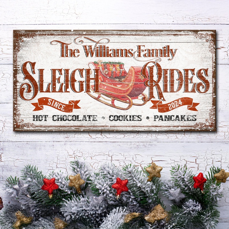 Sleigh Rides Christmas Sign V|20×10 inch Medium Premium Gallery Wrapped|48×24 inch Large Premium Gallery Wrapped|60×30 inch Extra Large Premium Gallery Wrapped