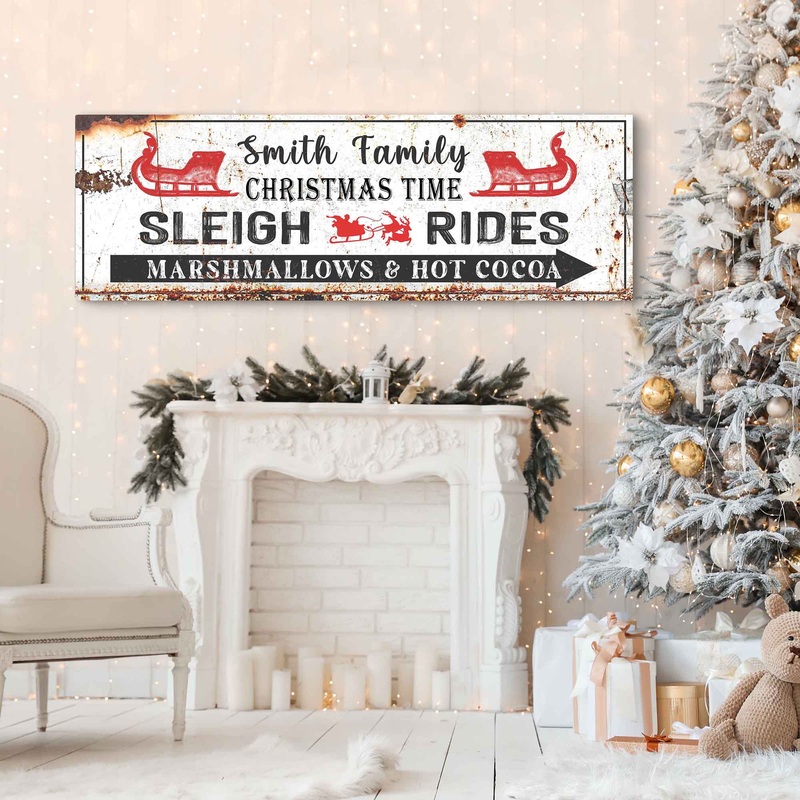 Christmas Sleigh Rides Sign|12×36 inch Medium Premium Gallery Wrapped|16×48 inch Large Premium Gallery Wrapped|20×60 inch Extra Large Premium Gallery Wrapped|Style 1|Style 2