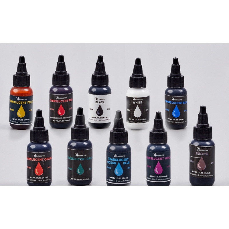 Alumilite Dyes|Opaque|Translucent|10 pack|5 pack|Black|White|Yellow|Red|Blue|Green|Brown|Orange|Violet|Ocean Blue|Dark Brown|Florescent Red|Florescent Yellow|Florescent Green|Florescent Orange|Florescent Pink|Green, Yellow, White, Black, Red, Blue, Brown,