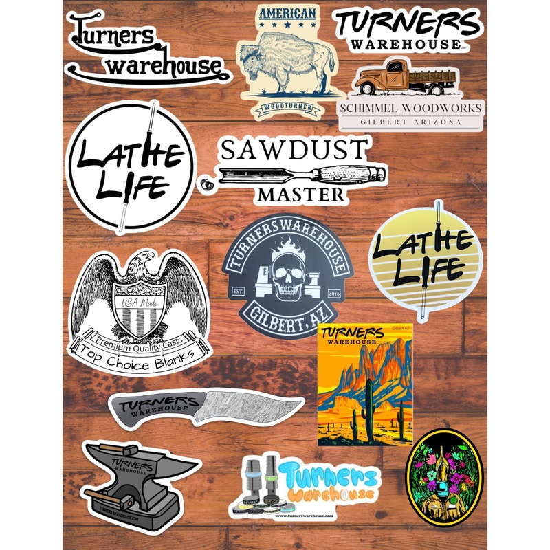 Stickers|Turners Warehouse|Von Turners|Ring Turner|Lathe Life|Schimmel Woodworks|Top Choice Blanks|American Woodturners|Sawdust Master|Lathe Life – Retro|Arizona Turners Warehouse|Pen Head|Patch|Damascus Knife|Anvil
