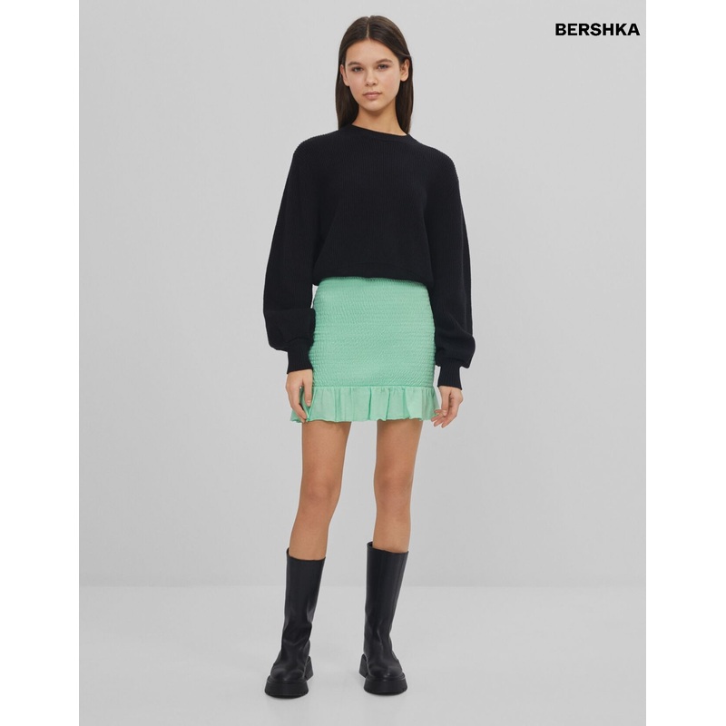 Bershka Women’s Green Shirred Skirt with Frills | Bershka In Lebanon