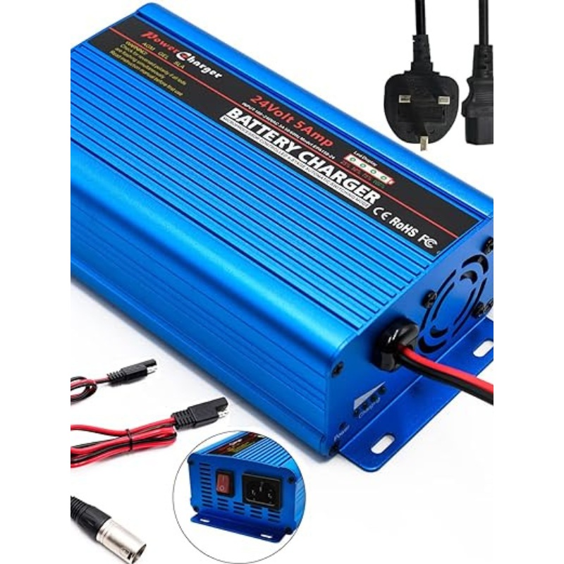 EU 24 Volt Battery Charger Smart Fully Automatic Battery Charger maintainer trickle Charger 5A car Battery Charger 3-pin XLR Alligator Connector with I/O Switch AM156 shr
