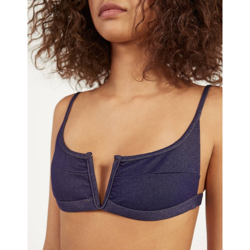 Bershka Women’s Navy Blue Denim bikini top | Bershka In Lebanon