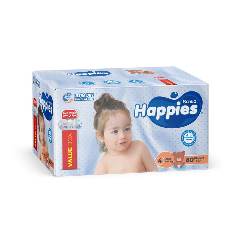 Happies Value Box  Diapers Size 4( 7-14 kg) 80 Diapers + Wet Wipes Free Inside