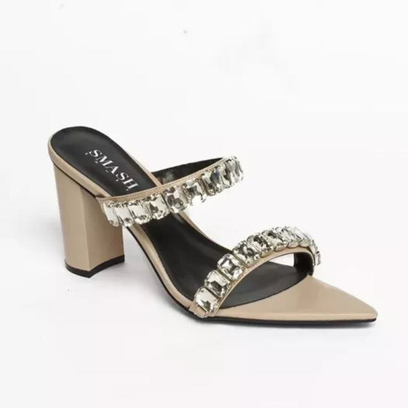 SMASH Women’s Beige Crystal Faux Leather Slippers|SMASH In Lebanon