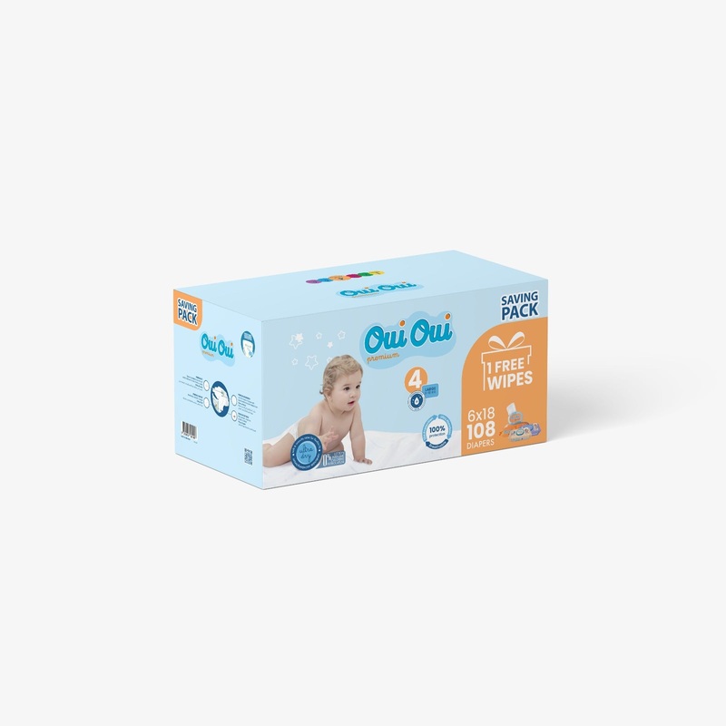 Oui Oui Premium Diaper Large Size4 (9-18KG) 6×18 *108pcs (Saving Pack 1 Free Wipes) | Oui Oui In Lebanon