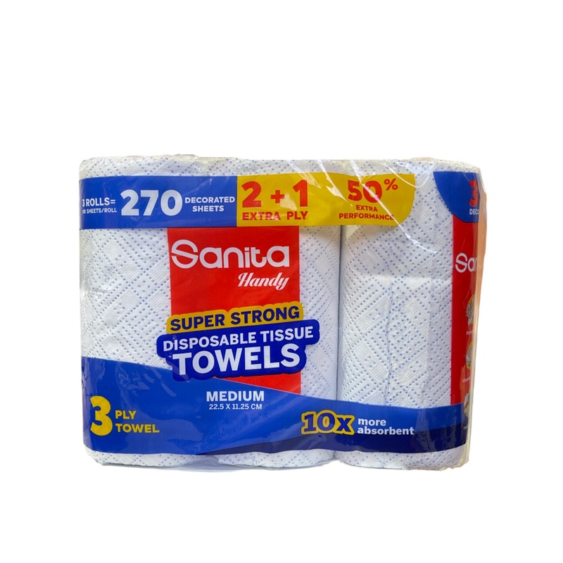 Sanita Handy Super Strong Disposable Tissue 3 Rolls 2+1 Ply (270 Sheets) | Sanita In Lebanon