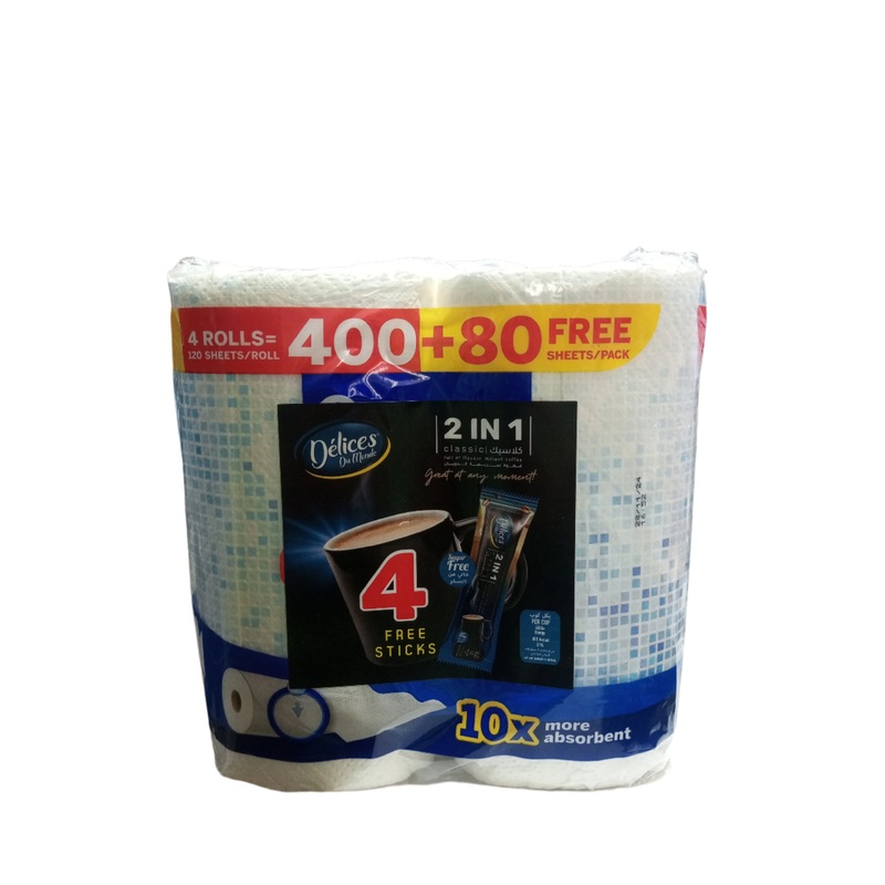 Sanita Handy Super Strong Disposable Tissue 4 Rolls (400+80 Free) + (4 Delices Sticks Free)