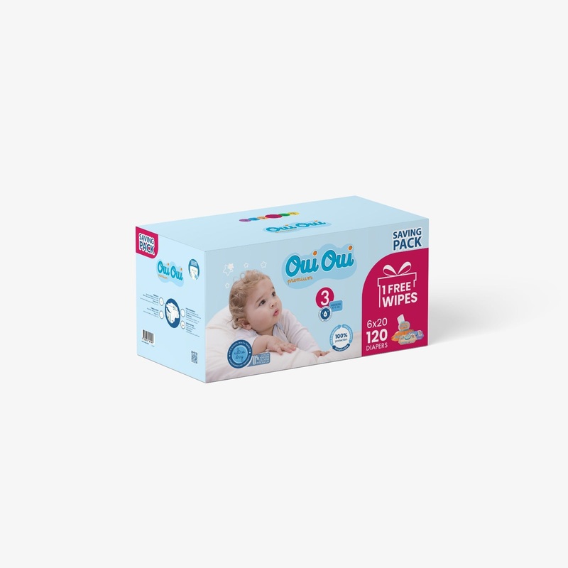 Oui Oui Premium Diaper Medium Size3 (5-9KG) 6×20*120 Diapers) Saving Pack 1 Free Wipes) | Oui Oui In Lebanon