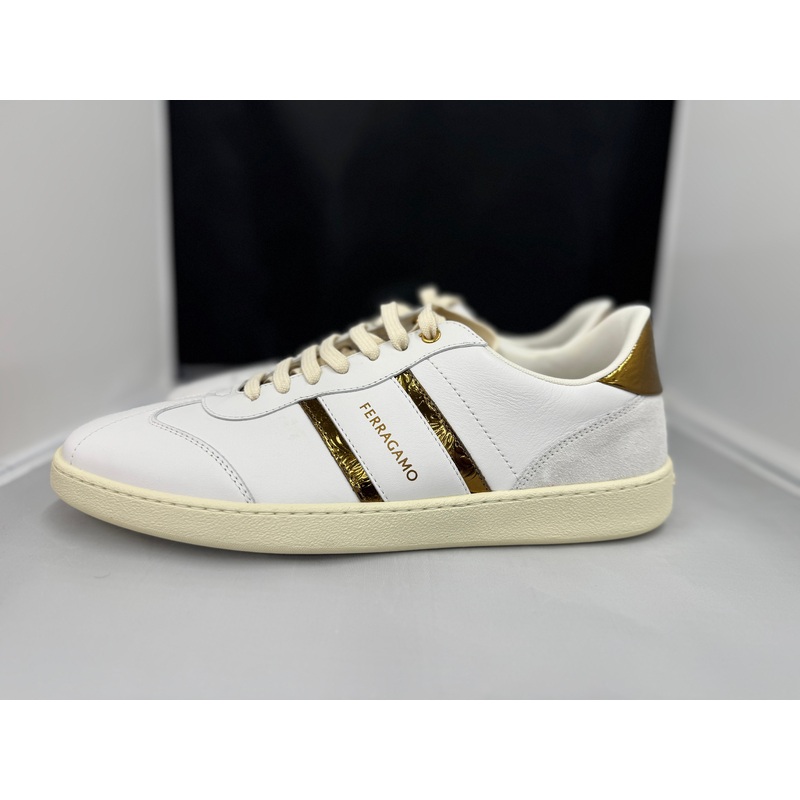 FERRAGAMO Achille 2 Low Top Sneaker In White & Gold