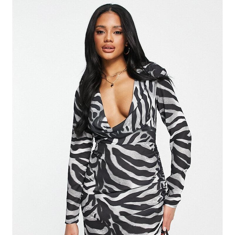 ASYOU Women’s Zebra Satin Long-Sleeve Dress ANF2715