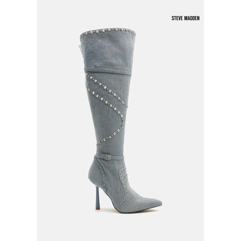 Steve Madden Women’s Blue Denim Fasten-up Heeled Knee Boots |Steve Madden in Lebanon
