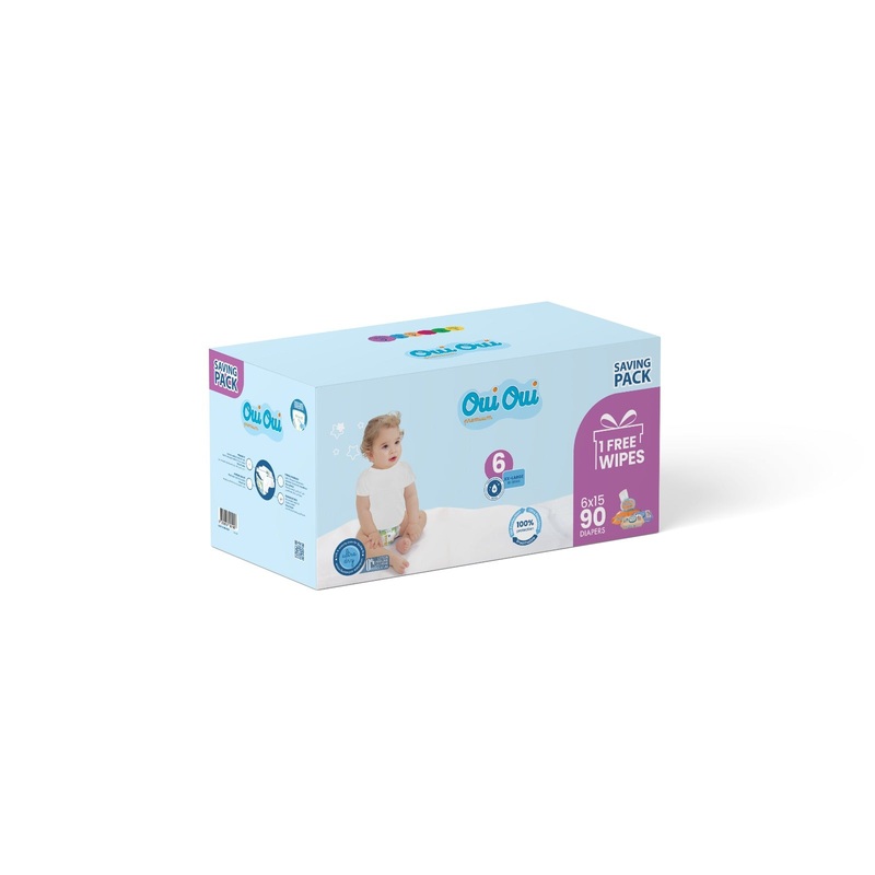 Oui Oui Premium Diaper XXL Size6 (16-30KG) 6×15 *90 Diapers (Saving Pack 1 Free Wipes) | Oui Oui In Lebanon