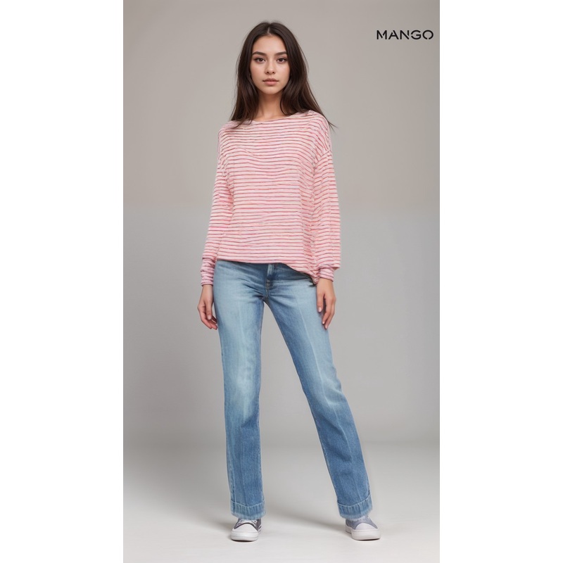 Mango Women’s White/Coral Striped Long-Sleeveless Blouse| Mango in Lebanon