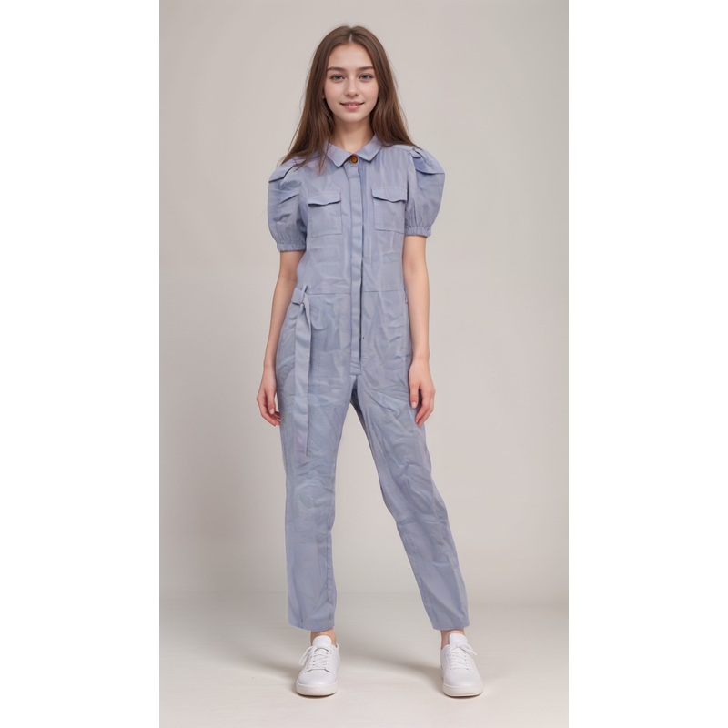 POMPdeLUX Girl’s Baby Blue Organic Cotton Short-Sleeve Jumpsuit | POMPdeLUX In Lebanon