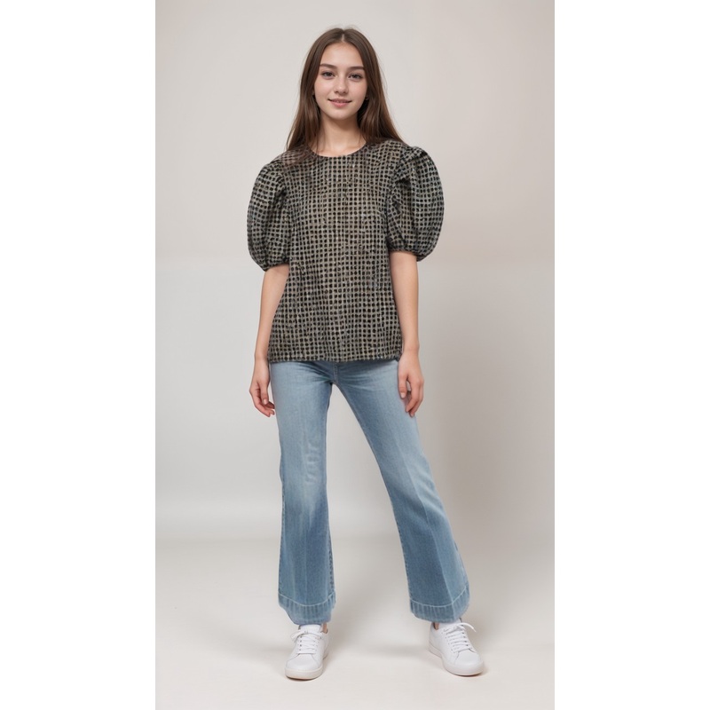 POMPdeLUX Girl’s Navy Blue  Short Sleeve Heavy Blouse | POMPdeLUX in Lebanon