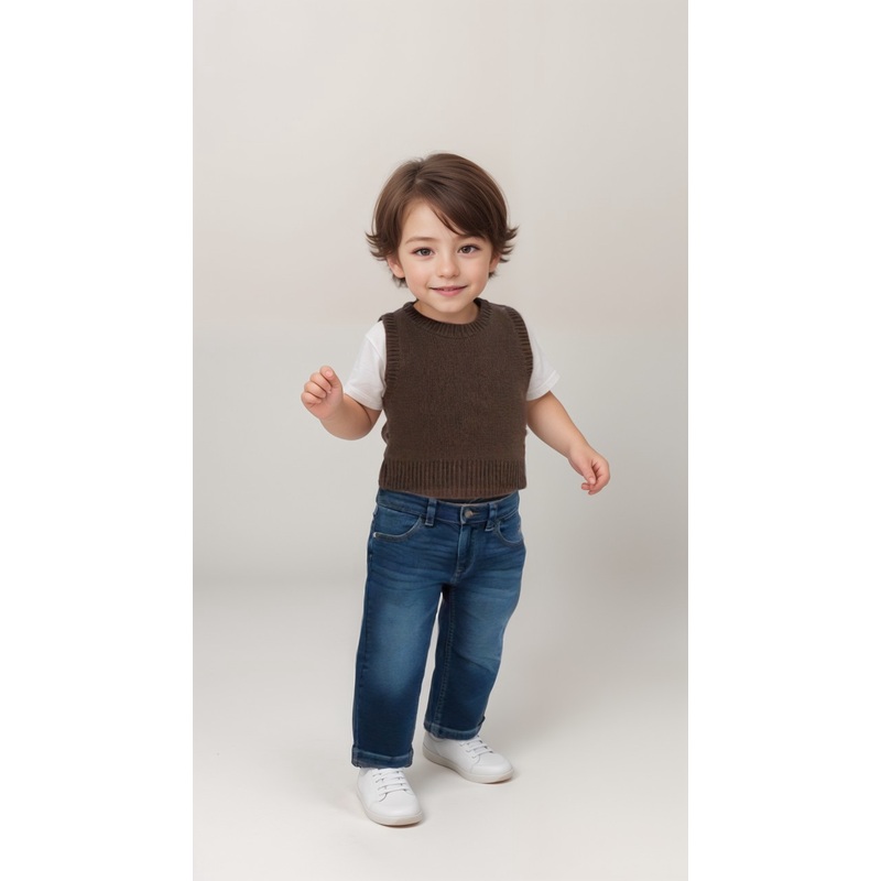 POMPdeLUX Baby Boy’s Khaki Knited Round Neck Vest | POMPdeLUX In Lebanon