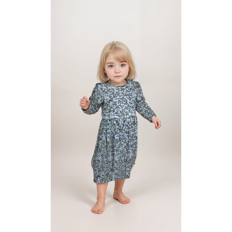 POMPdeLUX Girl’s Printed Blue Organic Cotton Long-Sleeve Dress | POMPdeLUX In Lebanon
