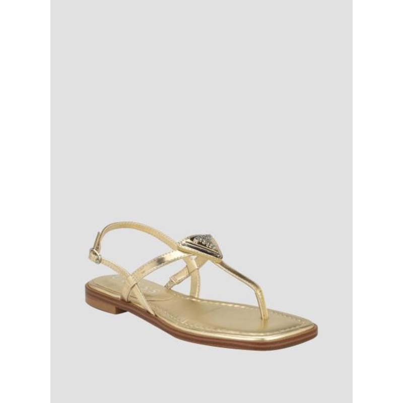 Guess Women’s Rainey Logo Sqaure Toe T-Strap Flat Sandals – Gold