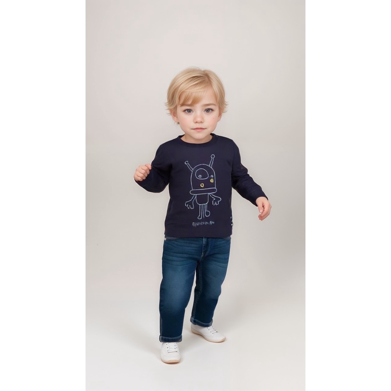POMPdeLUX Baby Boy’s Navy Round Neck Cotton Blouse | POMPdeLUX In Lebanon