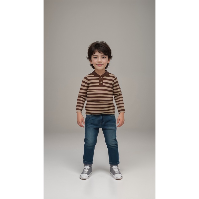 POMPdeLUX Boy’s Stripped Brown & Beige Henley Neck Blouse | POMPdeLUX In Lebanon