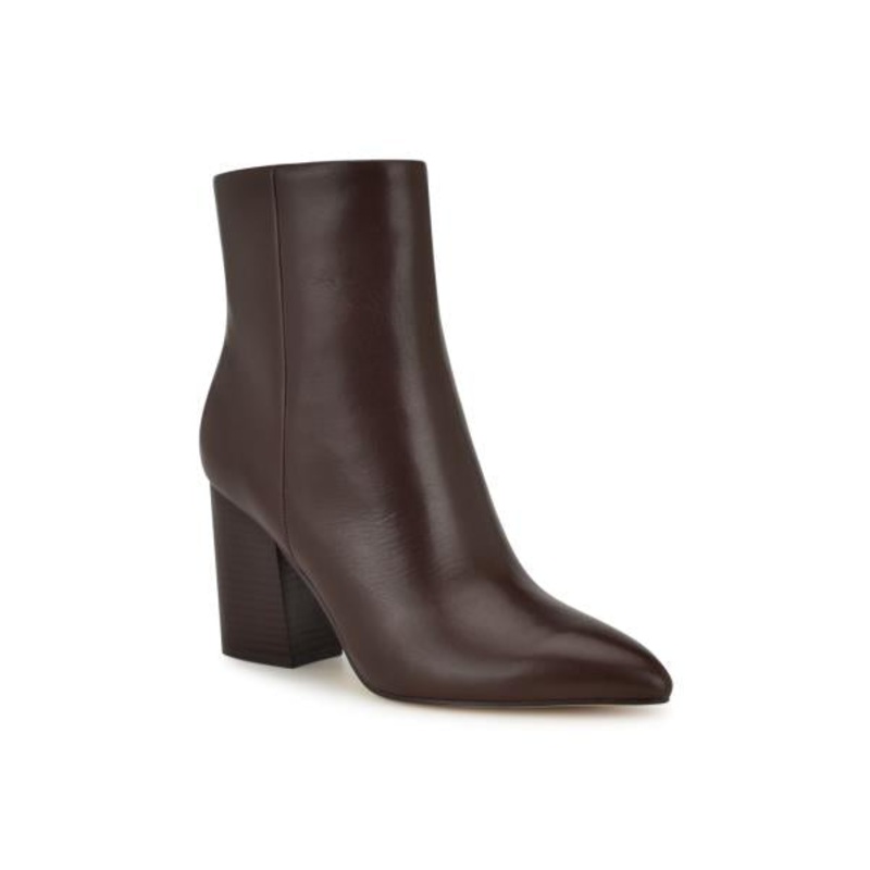 Nine West Women’s Plum Block Heel Pointy Toe Dress Booties – Dark Brown Leather