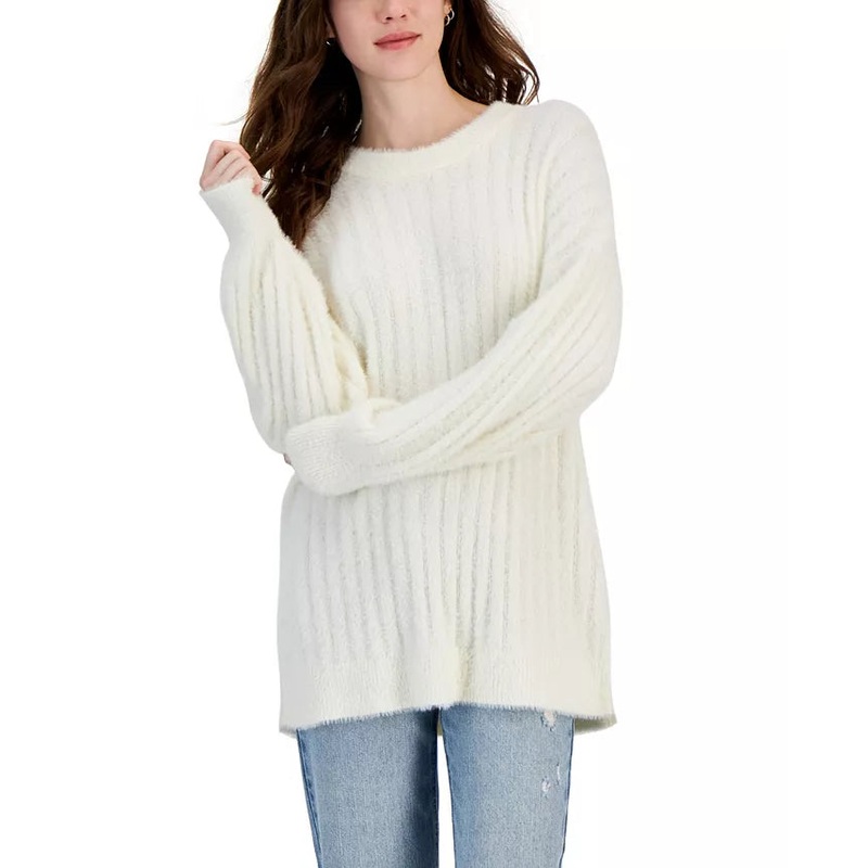 Hippie Rose Women’s White Ribbed-Knit Eyelash Tunic Sweater |Hippie Rose In Lebanon