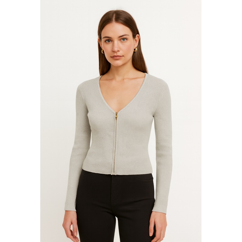 Hooked Up Women’s Gray Long-Sleeve Scoop-Neck Zip-Front Sweater |Hooked Up In Lebanon