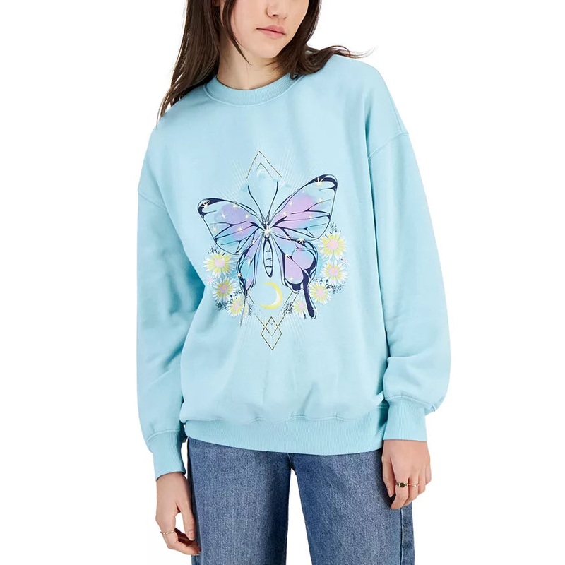 Rebellious One Women’s Green Floral Butterfly Crewneck Fleece Sweatshirt | Rebellious One In Lebanon