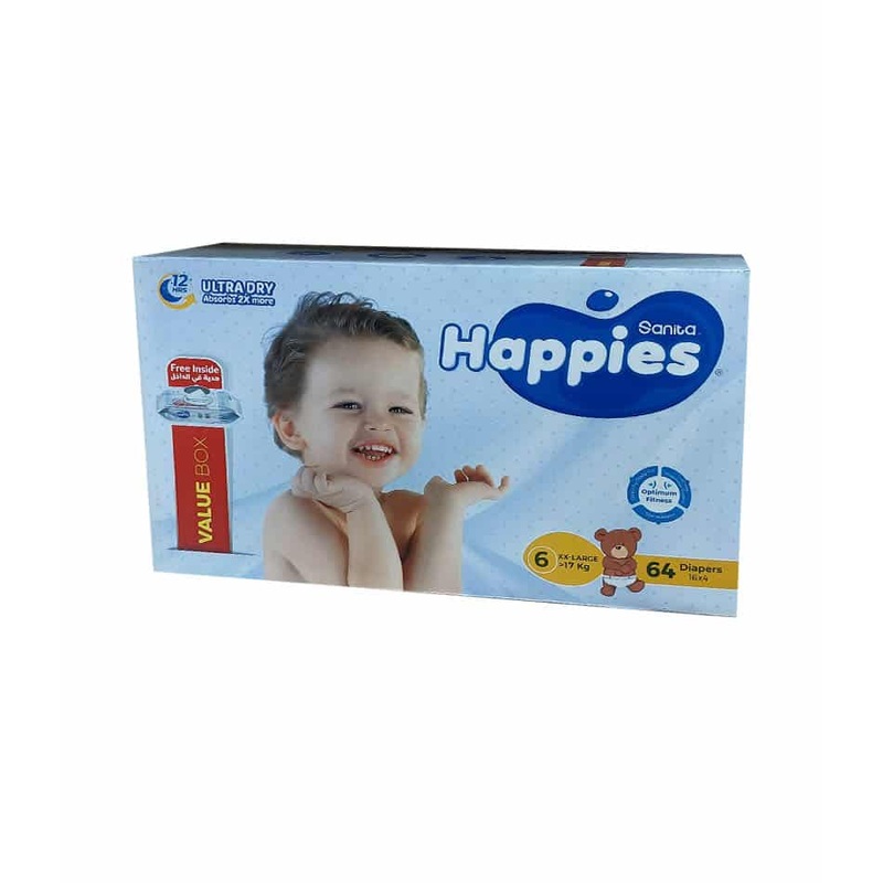 Happies Giant Pack Diapers Size 6 (>17 kg) 64 Diapers + Wipes Free Inside | Happies In Lebanon