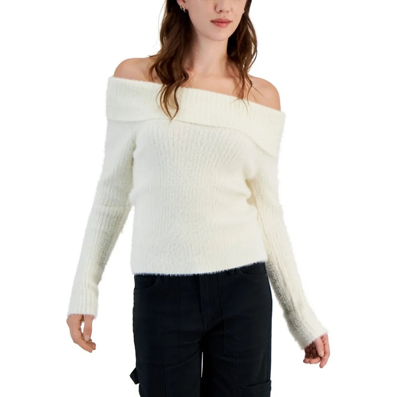 Hippie Rose Women’s Off White Eyelash-Knit Off-The-Shoulder Sweater|Hippie Rose In Lebanon