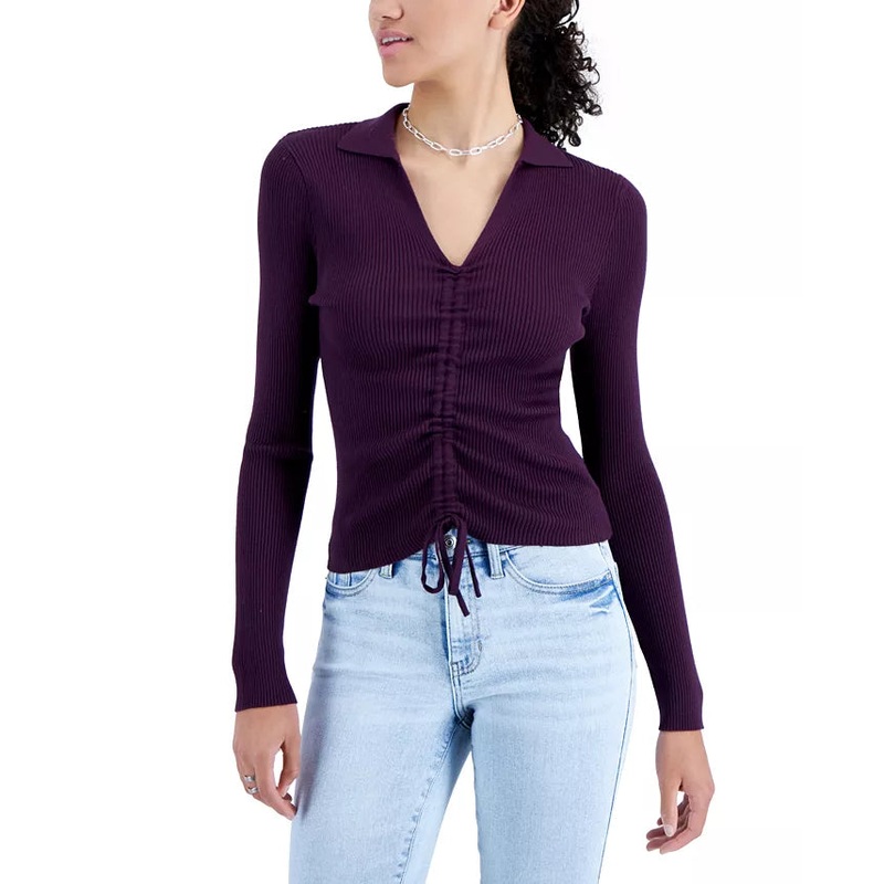 Hooked Up Women’s Plum Ruched Ribbed V Neck Long Sleeve Blouse | Hooked Up In Lebanon