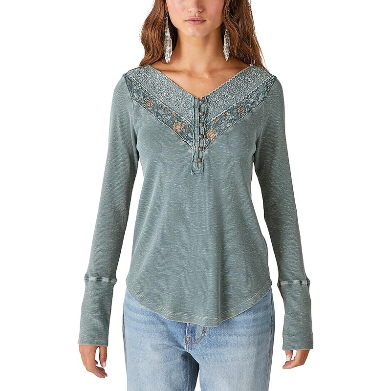 Lucky Brand Women’s Green Trim Mix Henley Long Sleeve Blouse |Lucky Brand In Lebanon