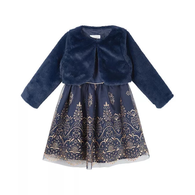 Rare Editions Girl’s Navy Glitter Mesh Social Dress and Fur Jacket 2 Piece Set |Rare Editions In Lebanon