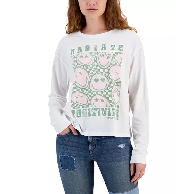 Smiley World Women’s White Positivity Long Sleeve Blouse | Smiley World In Lebanon