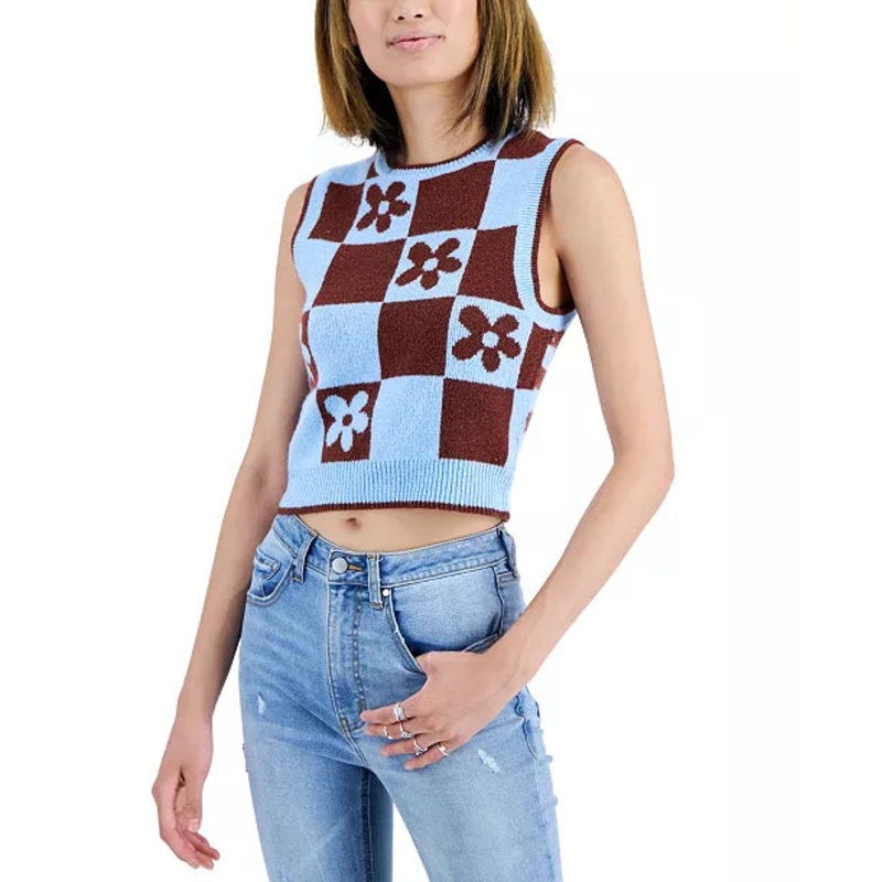Sugar Moon Juniors’ Checkered Flower In Brown/blue Checker Flower Sweater Vest  |Sugar Moon In Lebanon